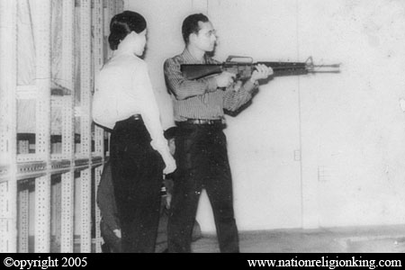 Border Patrol Police: King Bhumibol and Queen Sirikit receiving firearms training at PARU HQ, Hua Hin. Reproduction of a photograph taken in the early 1970s and hanging at the shooting range at PARU HQ.